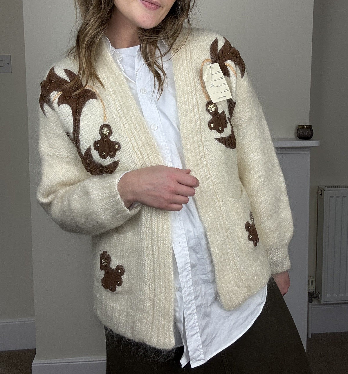 BNWT Vintage Size L 8-12 Cream Mohair Earthy Embellished Cardigan Le Boulevard