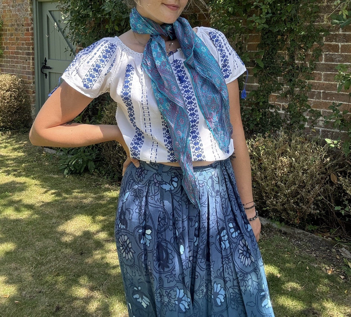 Vintage O/S Blue Indian Silk Block Print Silk Scarf