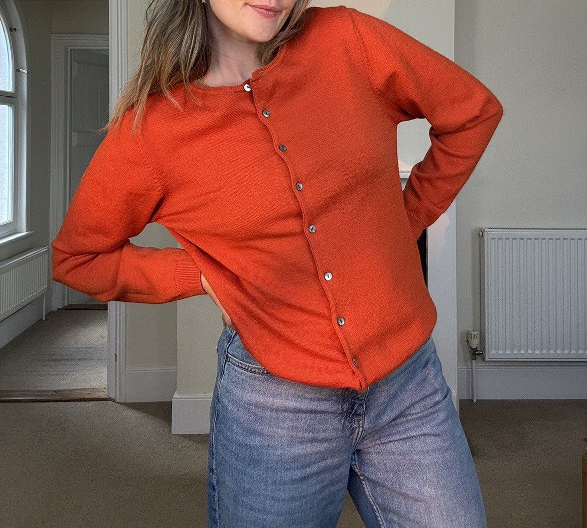 Vintage Size M 8-12 Orange Fine Knit Merino Wool Cardigan by Colour Works