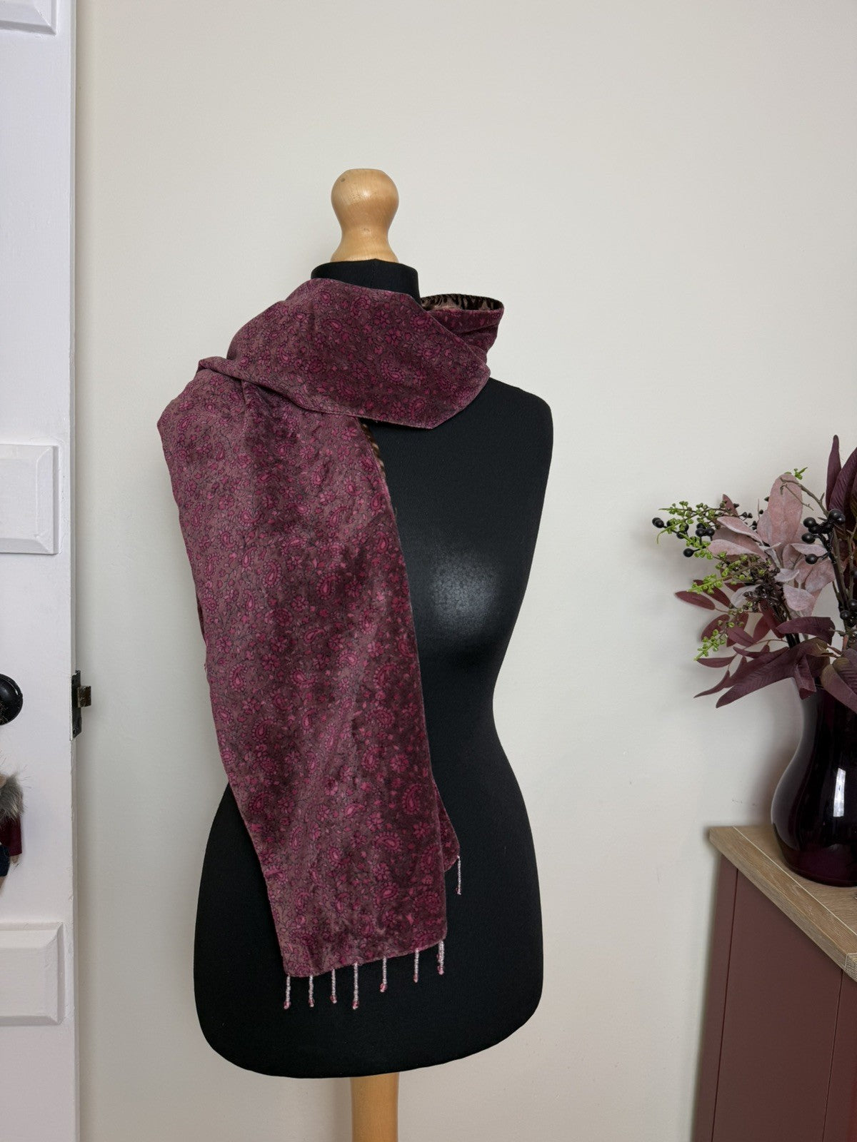 Raspberry Pink Boho Velvet Paisley Beaded Scarf Namaste