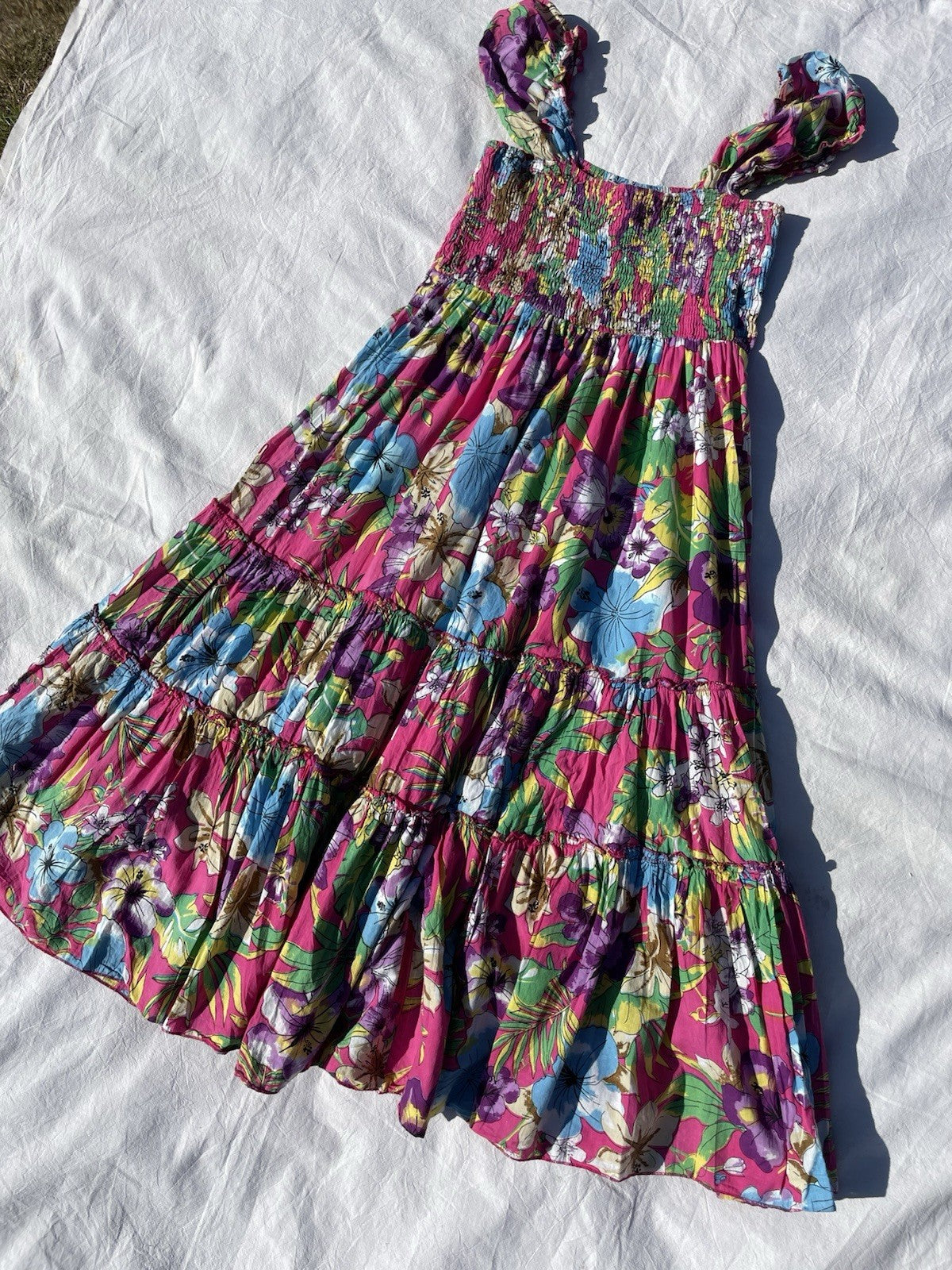 Vintage Free Size 6-20 Boho Pink Floral Tiered Summer Midi Dress Rapp