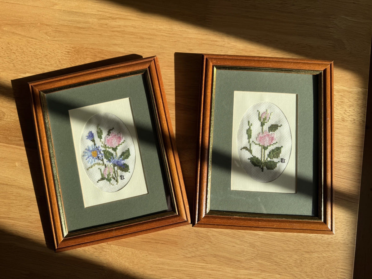 Vintage Pair of Framed Floral Cross Stitch Art Work