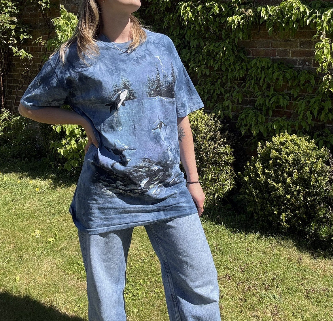 Vintage 90s Size XL 10-16 Blue Cotton Orca Ocean T-Shirt The Mountain