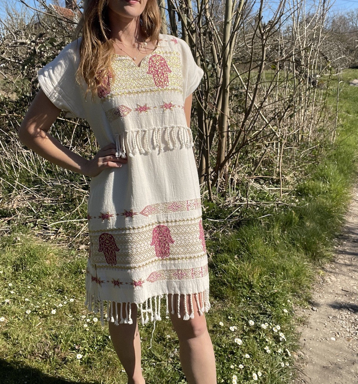 Vintage Size S 6-12 White Boho Ethnic Tasselled Summer Dress