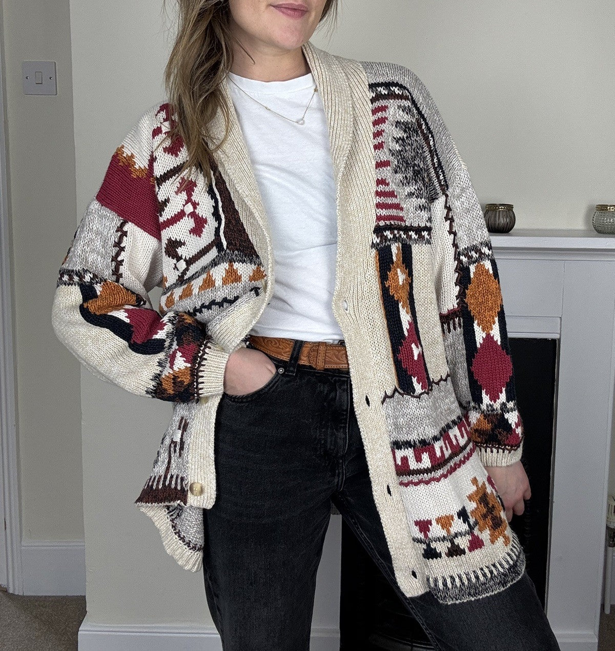 Vintage Size L 10-16 Cream Oatmeal Boho Western Cotton Ramie Knit Cardigan