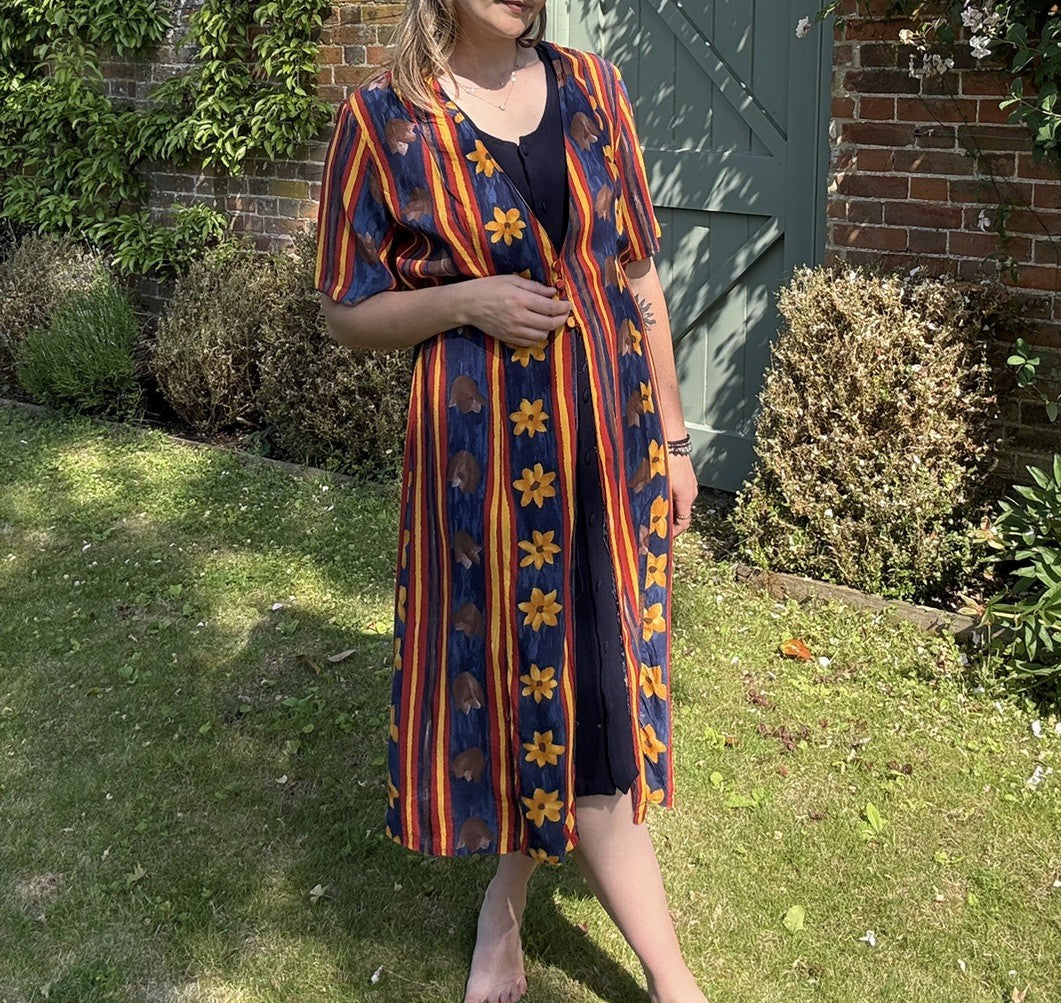 Vintage Size M 12-14 Navy Orange Boho Patterned Tie Waist Midi Dress Euro