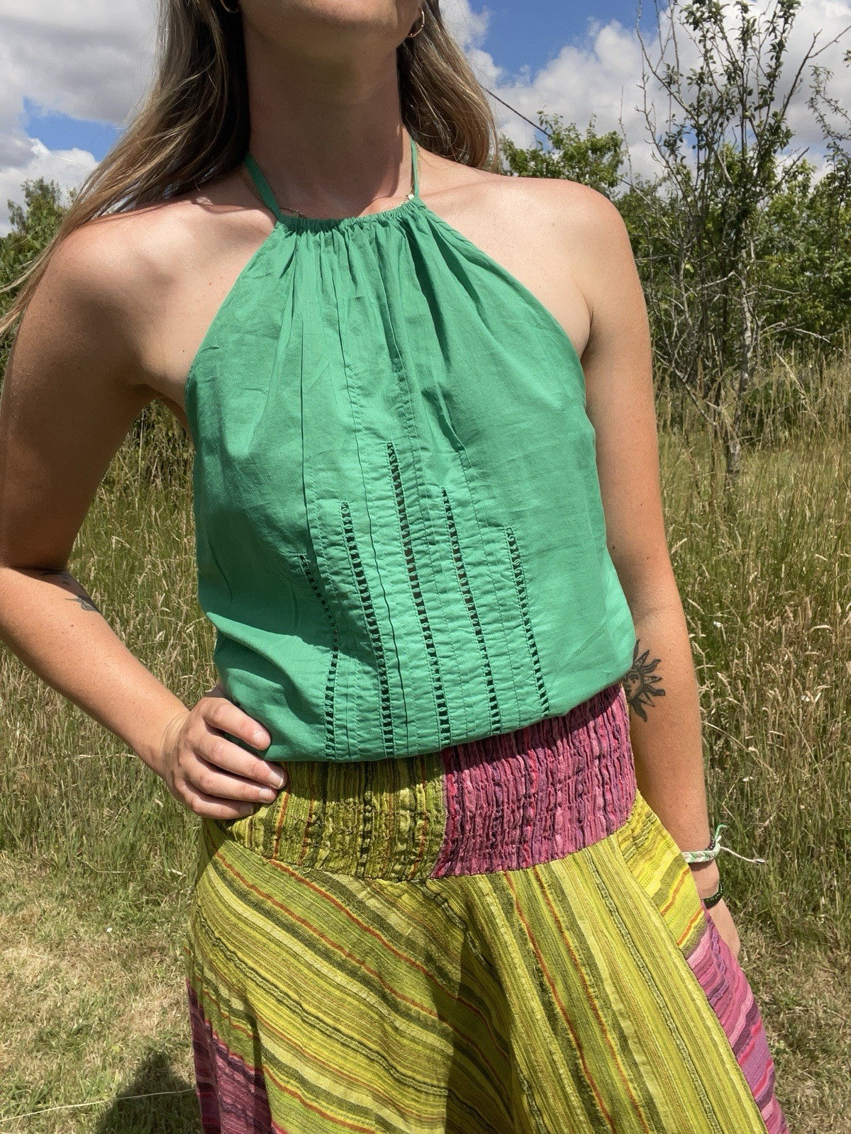 Vintage 90s Size S 6-10 Green Cotton Boho Halterneck Top Topshop