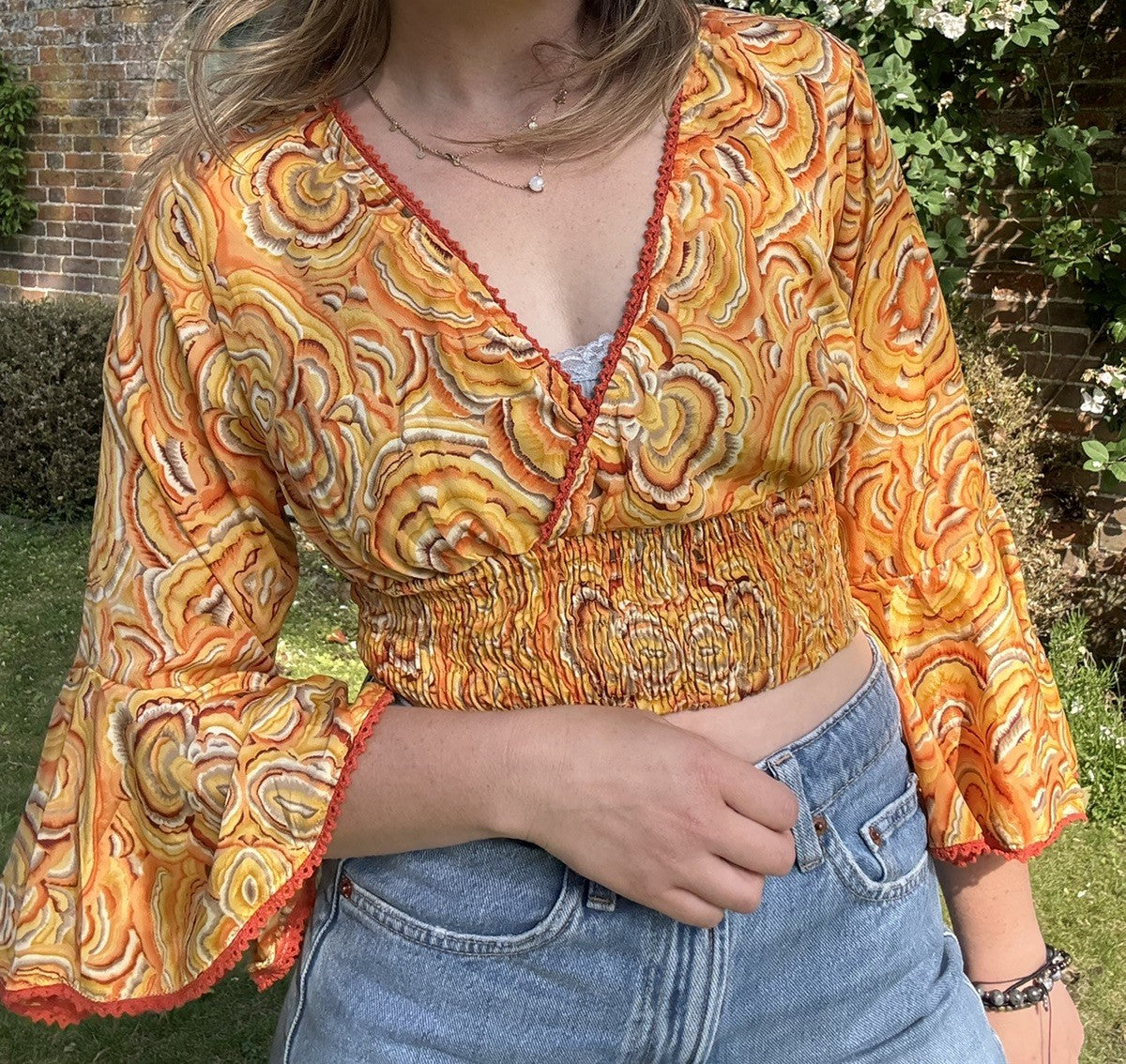 Y2K Size S 6-10 Orange 80% Silk Boho Hippy Flared Sleeve Crop Top