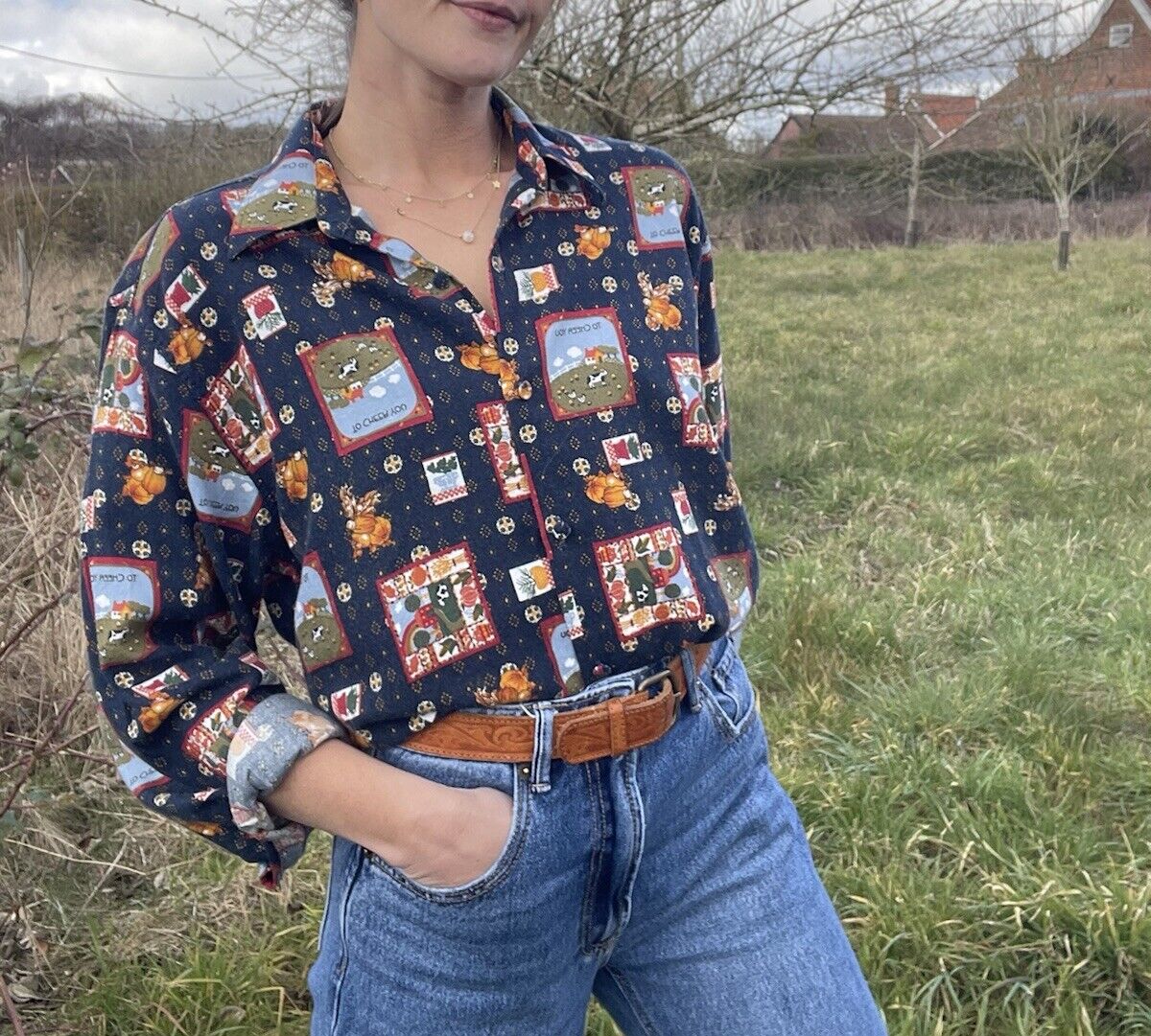 Vintage Size M 10-14 Navy Country Cottage Patterned Shirt