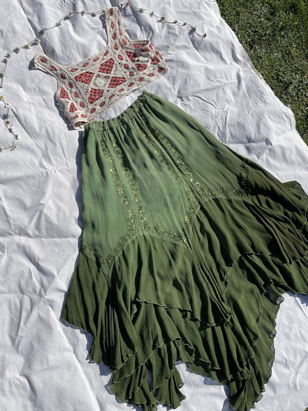 Vintage Free Size 10-16 Green Embroidered Boho Hippy Tiered Midi Gypsy Skirt