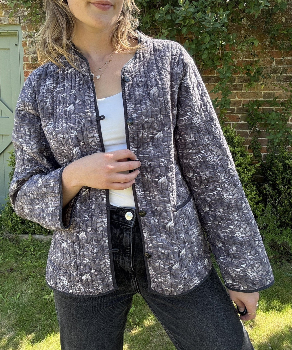 Vintage Size L 10-14 Purple Floral Reversible Cotton Kantha Jacket Patra