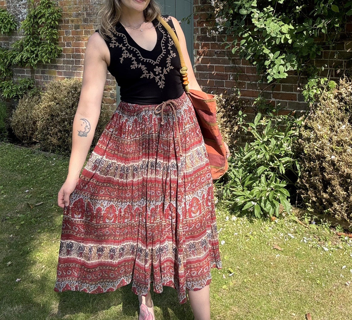 Vintage Free Size 6-12/14 Burgundy Boho Patterned Floaty Midi Skirt