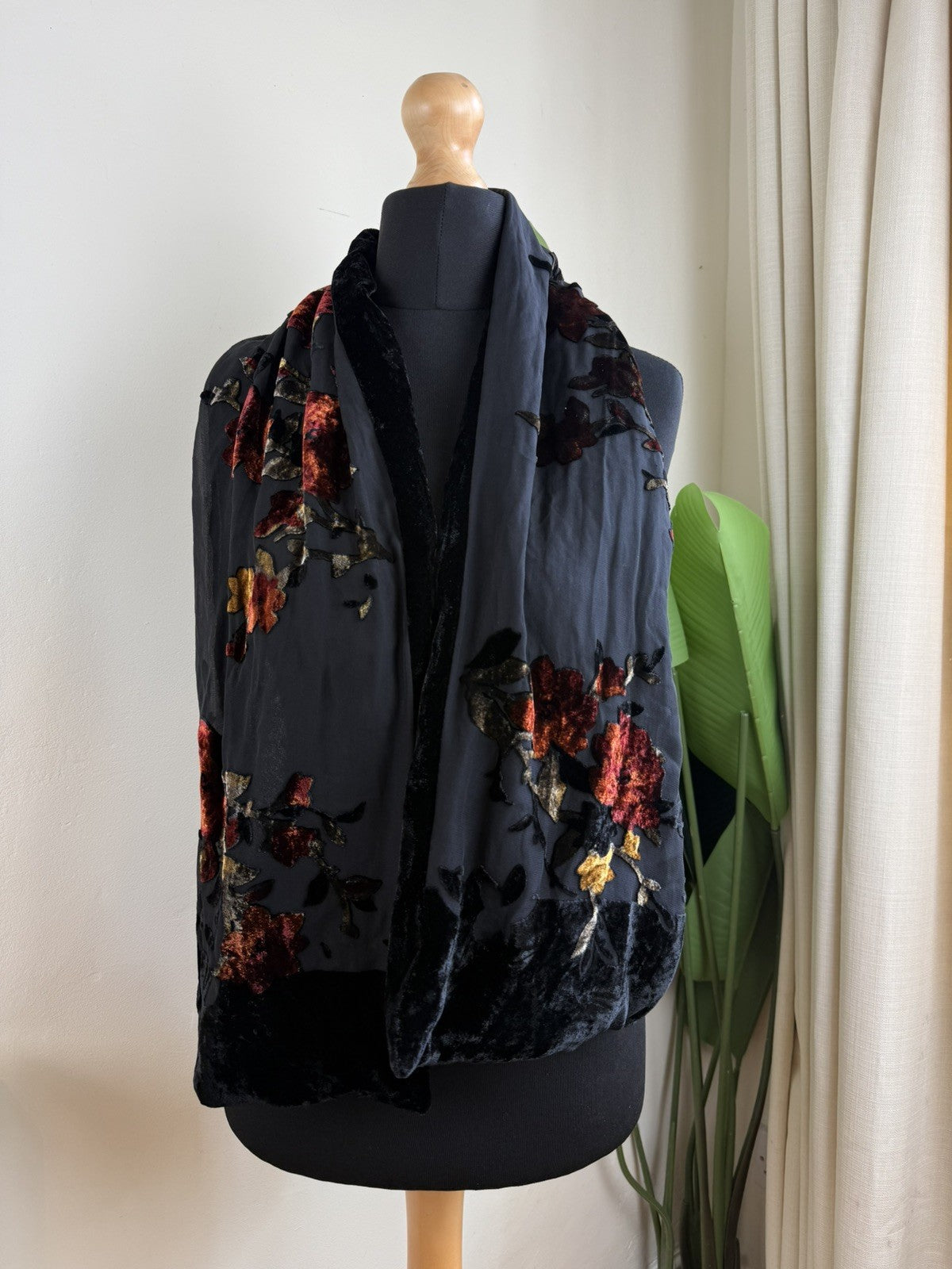Vintage Black Witchy Whimsical Velvet Leaf Scarf