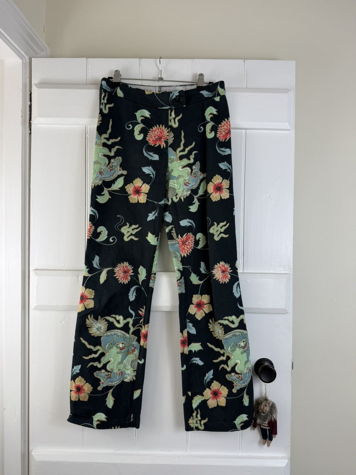 Vintage Y2K Size 6 & 8 Black Oriental Dragon Flared Trousers