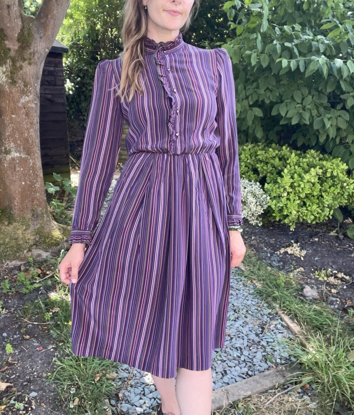 Vintage 70s Size XS 6-8 Purple Striped 100% Silk Ruffle Dress Hans Erras