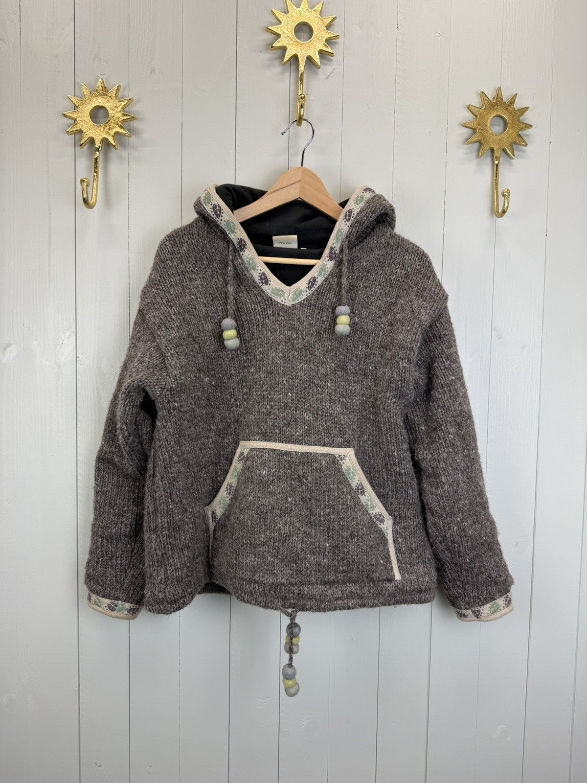 Size S 6-10/12 Grey 100% Wool Chunky Knit Lined Leaf Jumper Pachamama