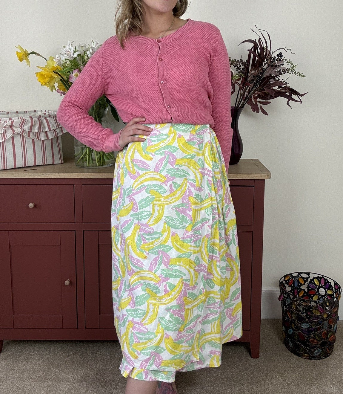 Vintage 70s Free Size 8-16 Pink Yellow Banana Cotton Wrap Midi Skirt