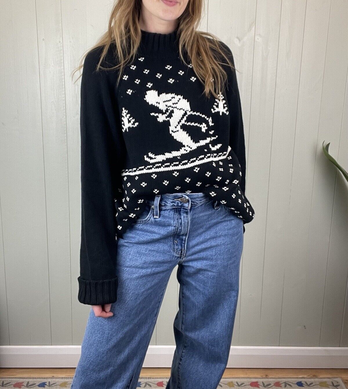 Size XL 12-16 Black Chunky Knit Roll Neck Ski Jumper Chaps