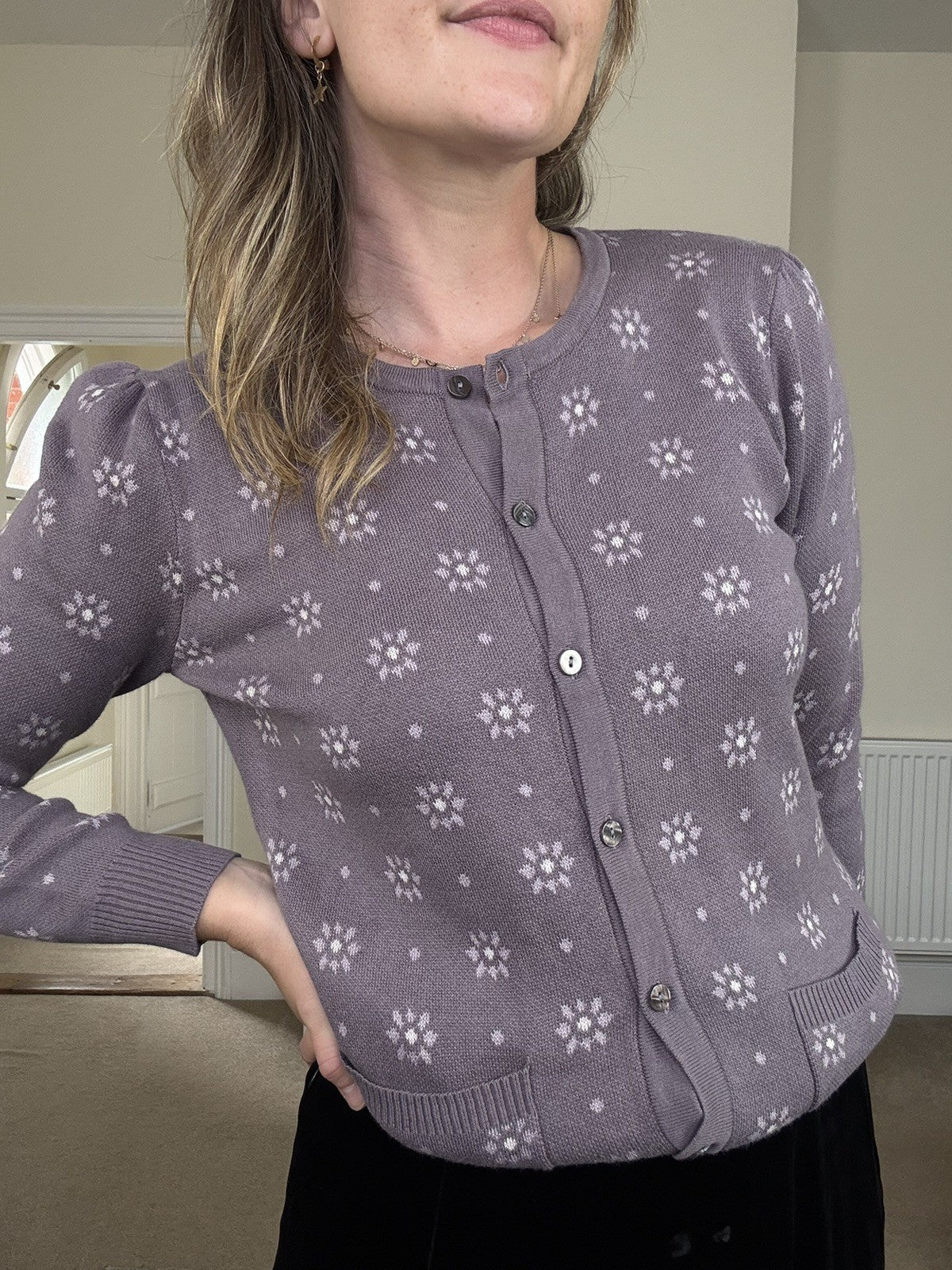 Vintage S 6-10 Taupe Purple Floral Print Cotton Cardigan by Cotswold Collections