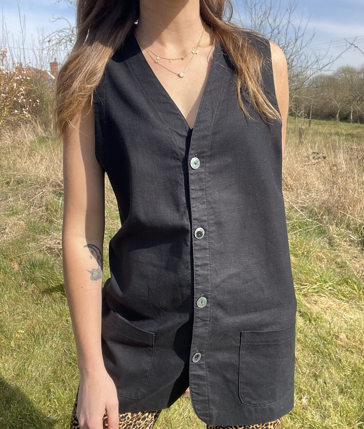 Vintage Size S 8-12 Black Linen Blend Button Front Boxy Waistcoat Orvis