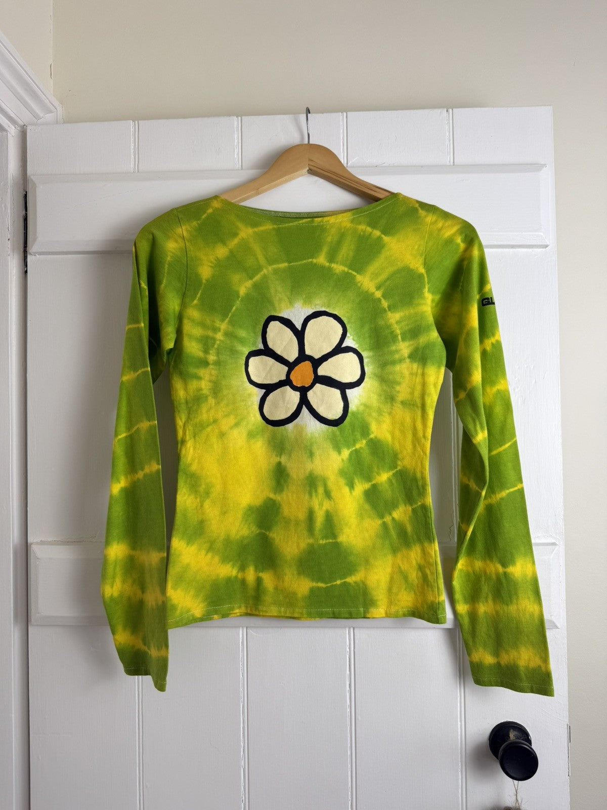 Vintage 90s Y2K Size XS 6-8 Green Tie Dye Flower Power Long Sleeve Top