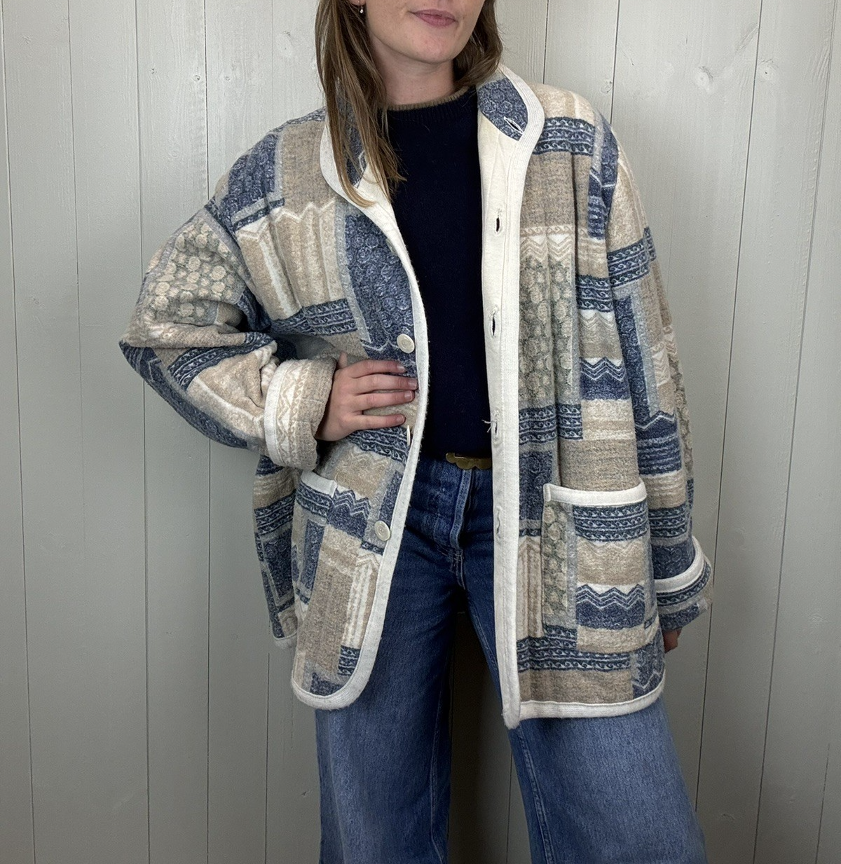 Vintage Free Size 8-22 Blue Cream Patchwork Jacket Coat