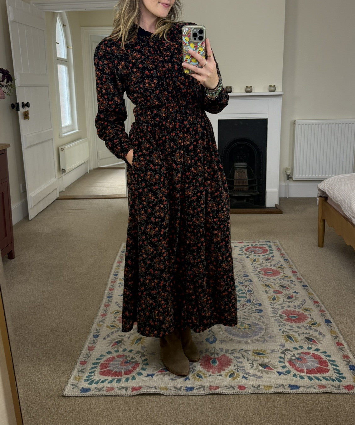Vintage Size S 8-10 Black Boho Paisley Cottage Corduroy Midi Dress Eddie Bauer