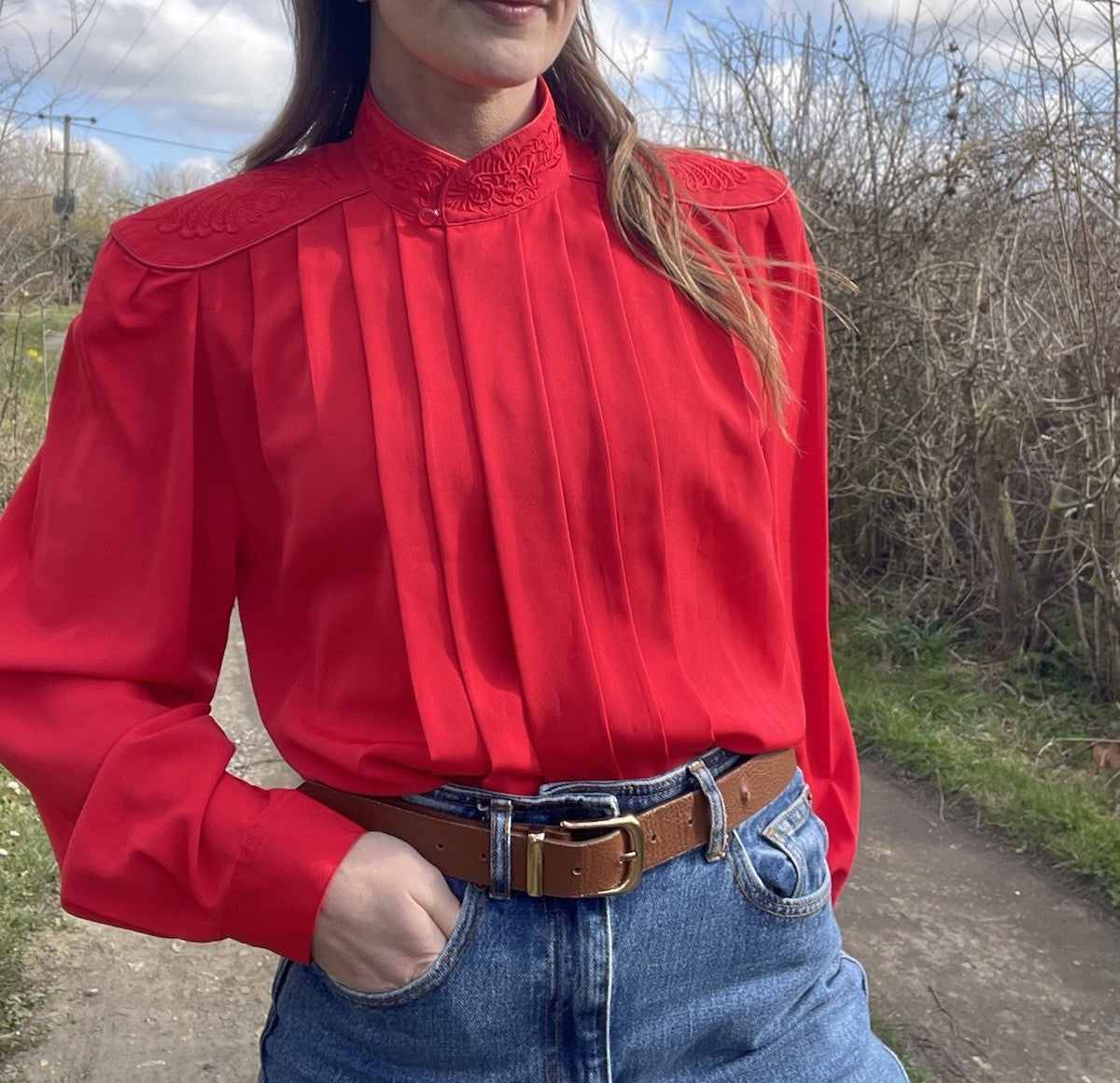 Vintage Size L 12-14 Red Embroidered Shoulder Red Mock Neck Blouse Canda C&A