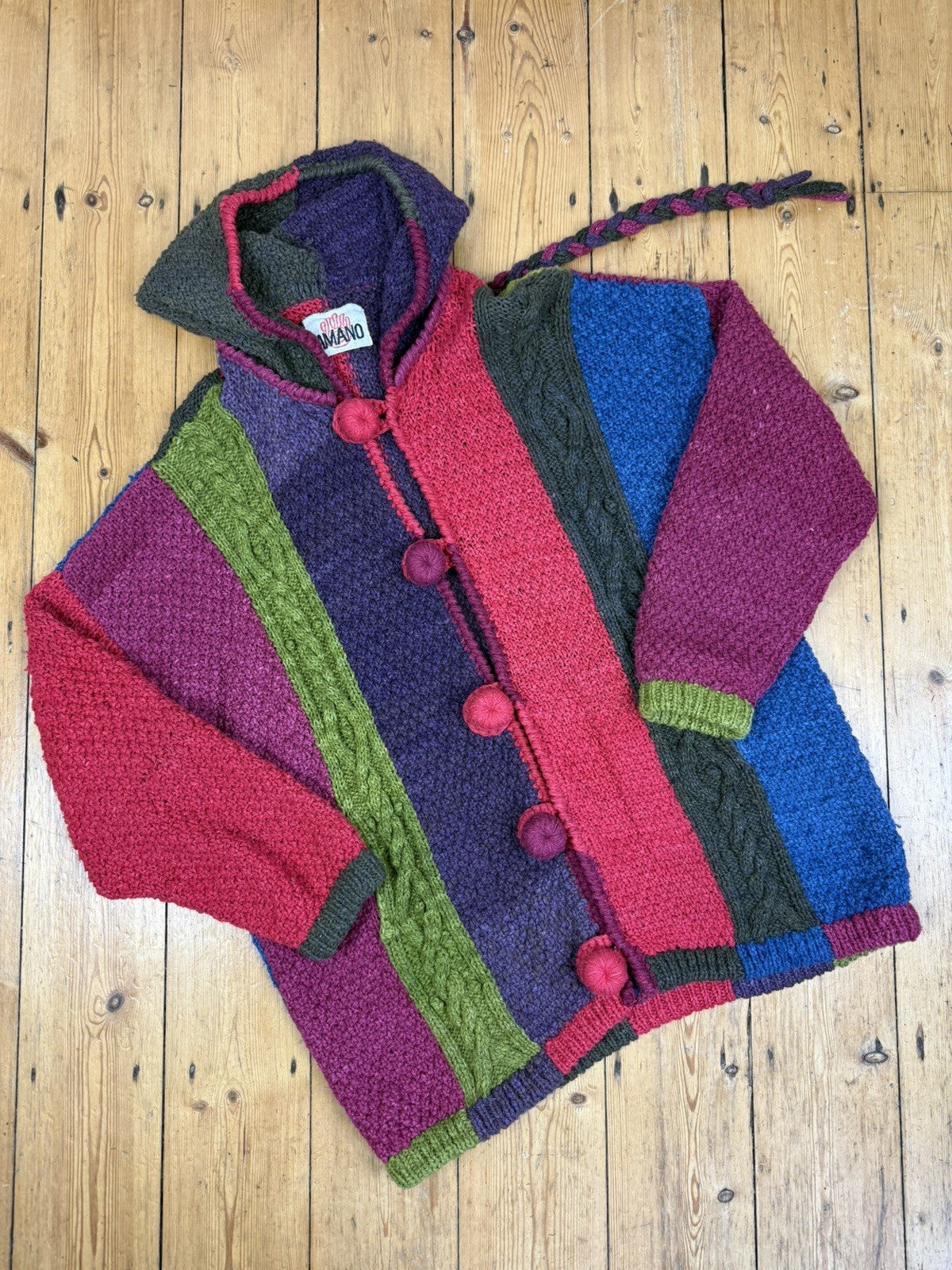 Vintage 90s Size 2XL 16-22 Mutlicolour Rainbow Chunky Knit Wool Amano Cardigan