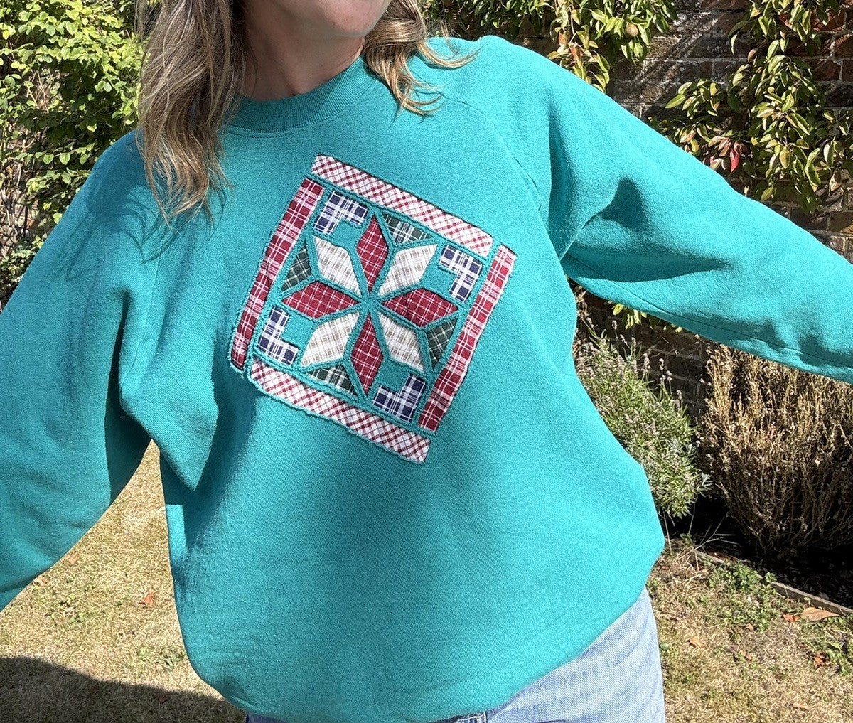 Vintage Size L 12-16 Teal Patchwork Fruit of the Loom Sweatshirt Jumper