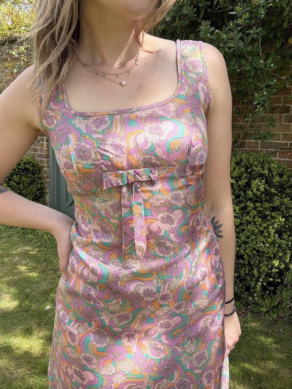 Vintage 60s Size XS 6-8 Pink Psychedelic Floral Silk Mini Dress
