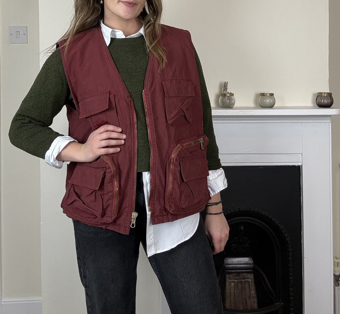 Vintage Size 2XL 16-18 Burgundy Cotton Utility Vest Waistcoat