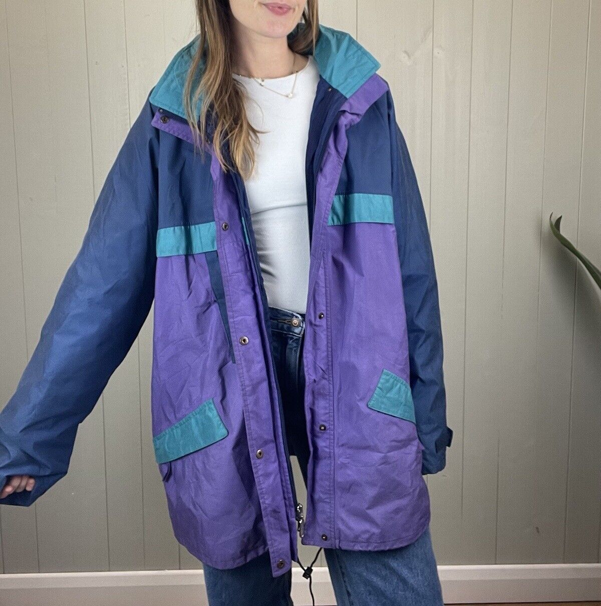 90s Size XL 12-20 Purple Colourblock Hooded Raincoat Salewa