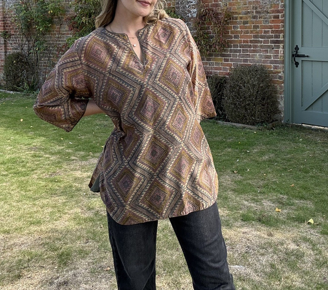 Vintage Size M 10-14 Earthy Boho Patterned Cotton Silk Top Blouse by Anokhi