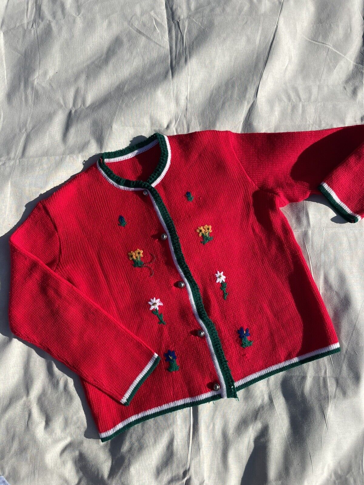 Vintage Handknit Aged 6-7 Years Red Flower Knit Cardigan