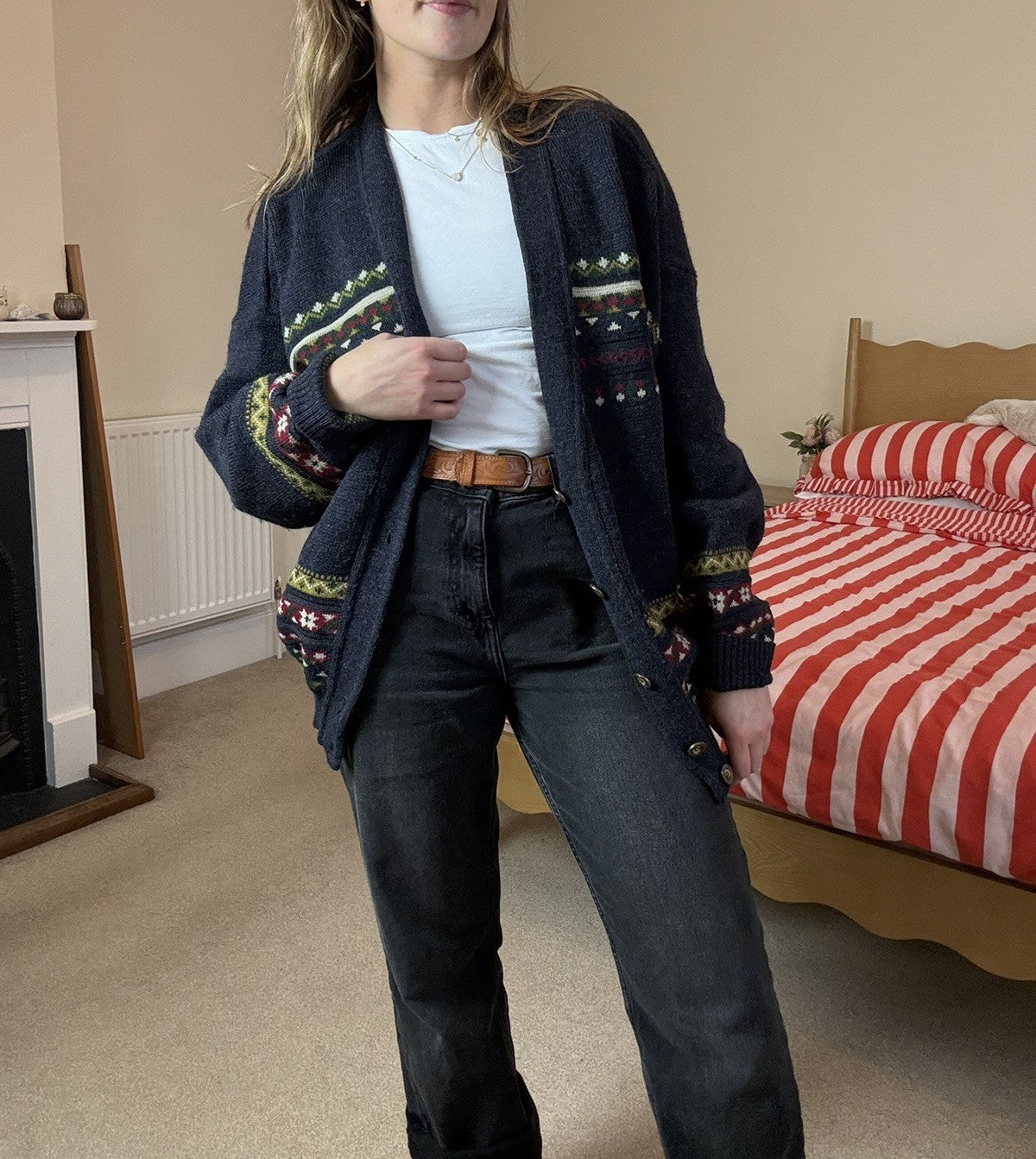 Vintage One Size 8-14 Dark Grey Navy  Slouchy Boho Western Grandad Knit Cardigan