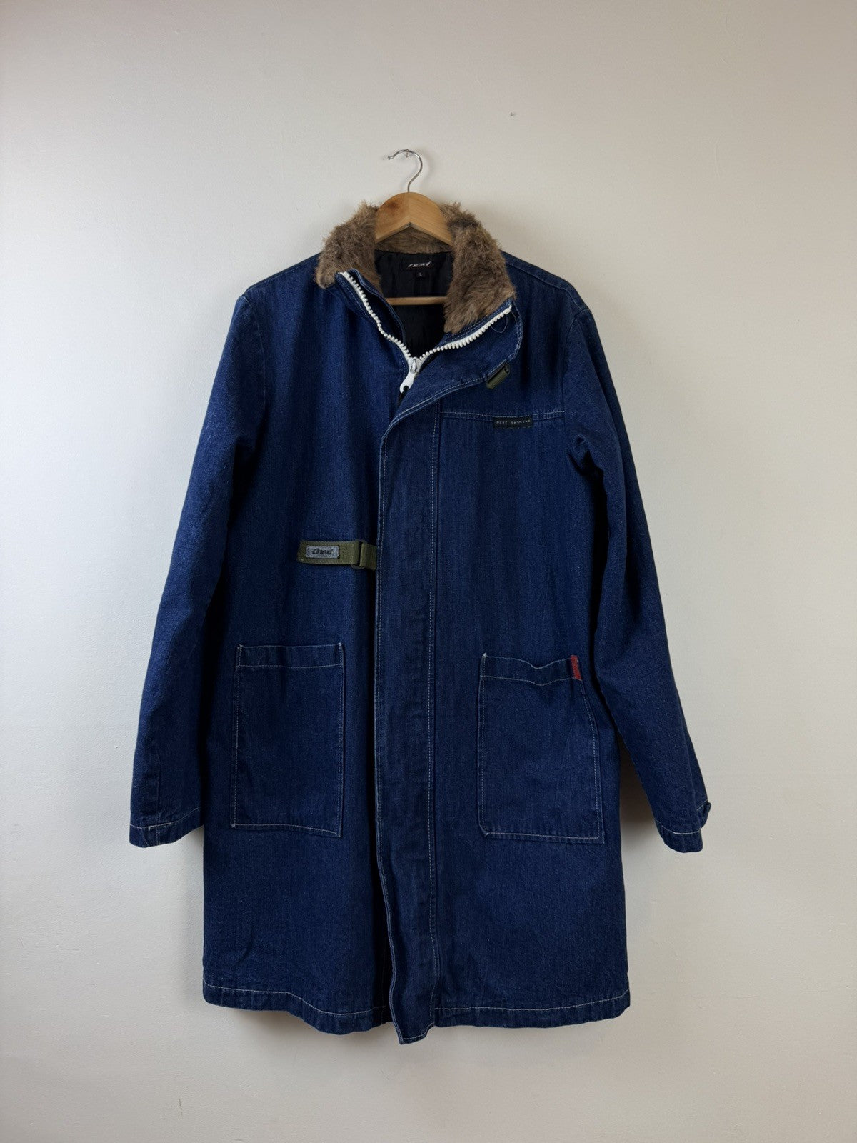 Vintage Size XL 14-16 90s Blue Denim Faux Fur Long Coat Onext
