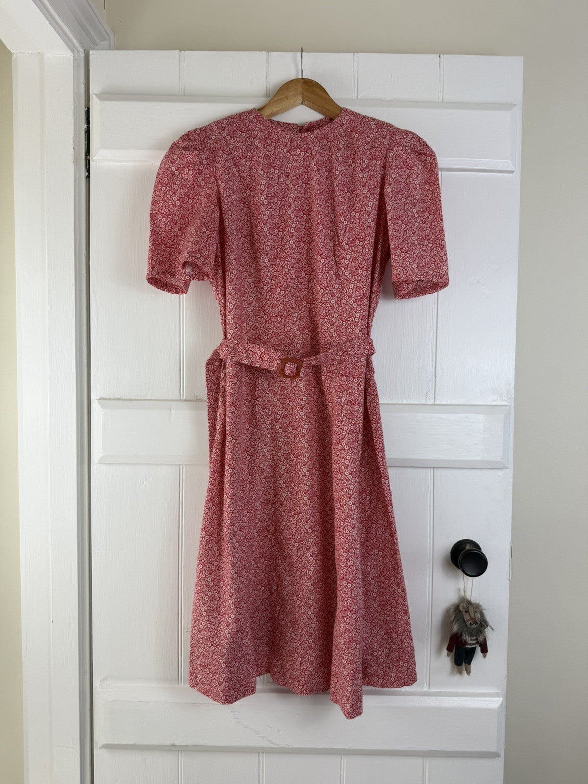 Vintage Handmade Size XS 6 & 8 Red Floral Belted Cotton Dress