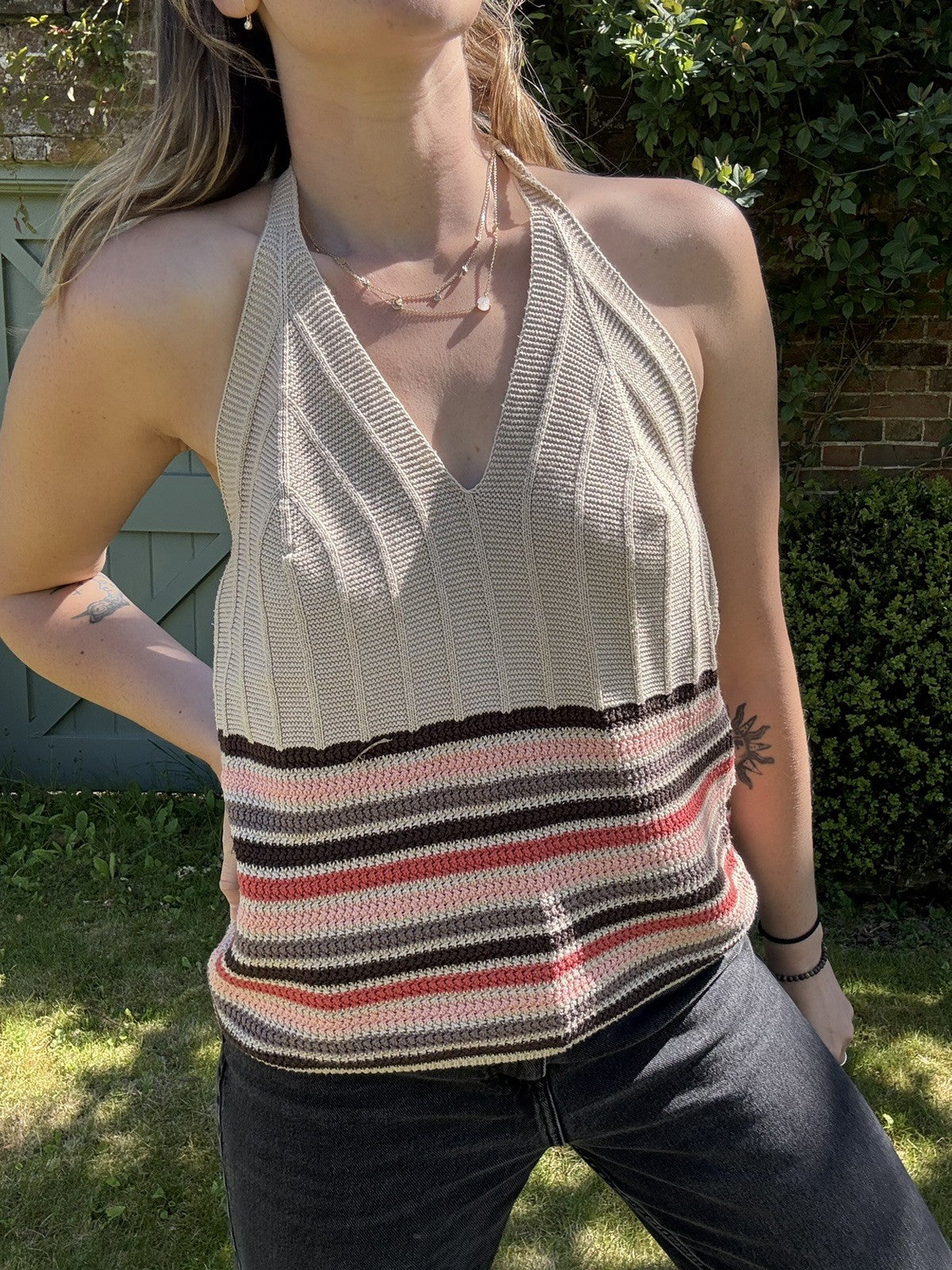 Vintage 90s Size XL 14-16 Ecru Striped Halter Neck Knit Top