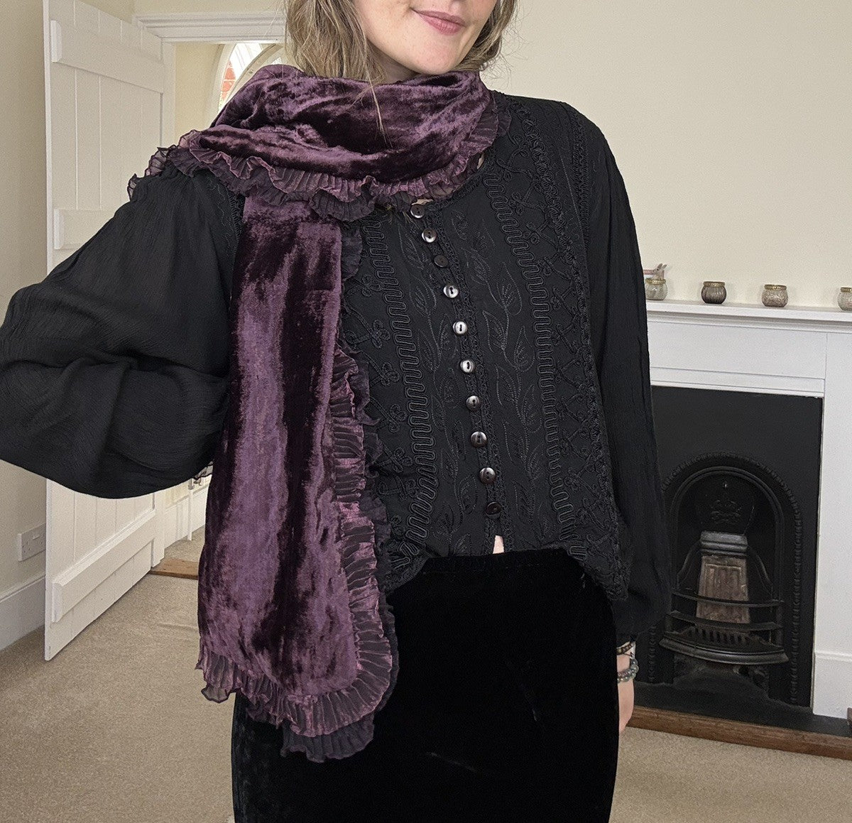 Vintage Pink & Purple Velvet Whimsical Ruffled Scarf