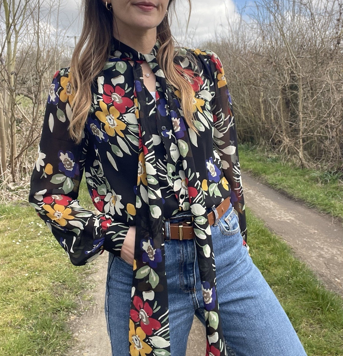 Size 10 Black Bright Floral Tie Neck Blouse Somerset By Alice Temperley