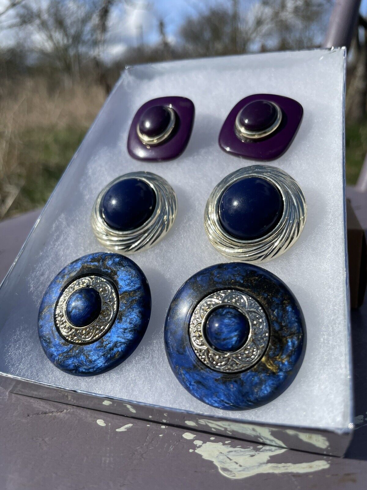 Set Of Three Vintage 80s Navy Gold Purple Earrings For Pierced Ears