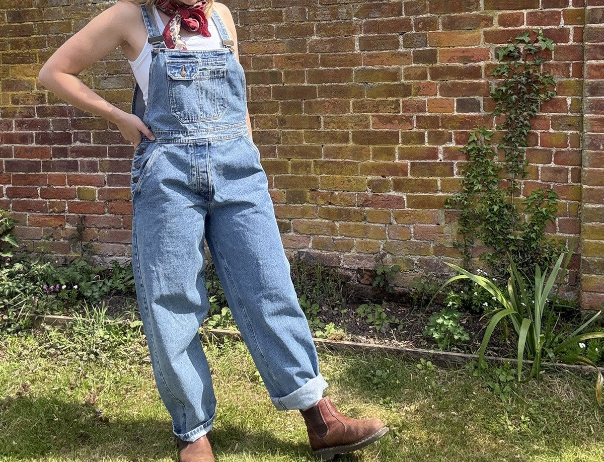 Vintage 90s Size M 10-14 Blue Denim Worker Carpenter Dungarees Ronley