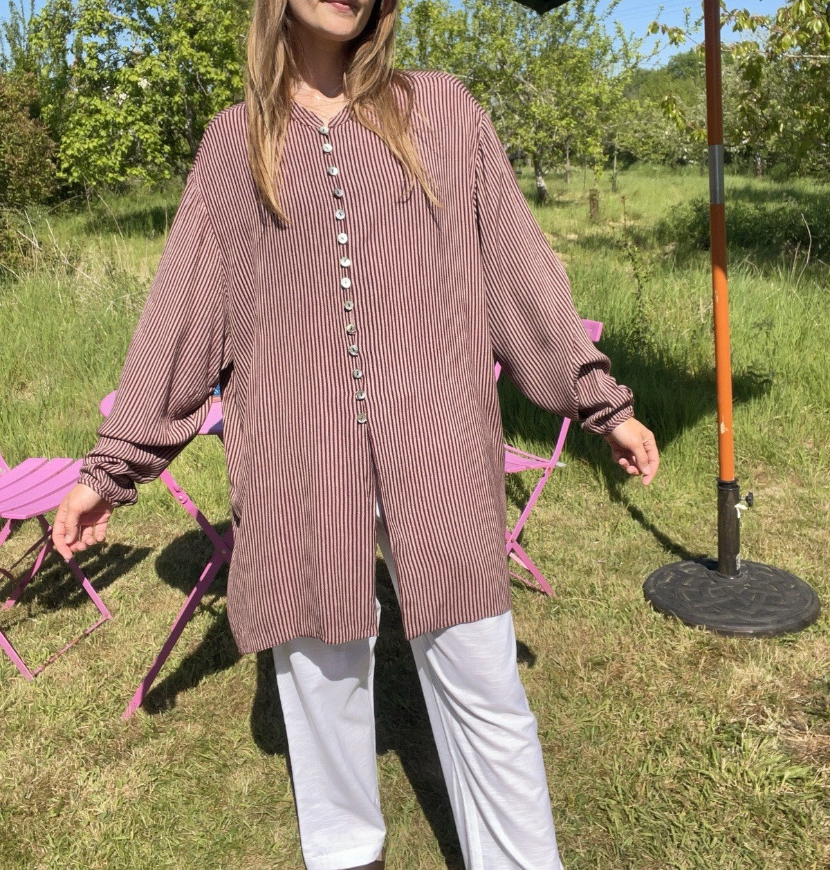 Vintage Size 3XL 18-24 Burgundy Striped Loose Fit Collarless Shirt Blouse