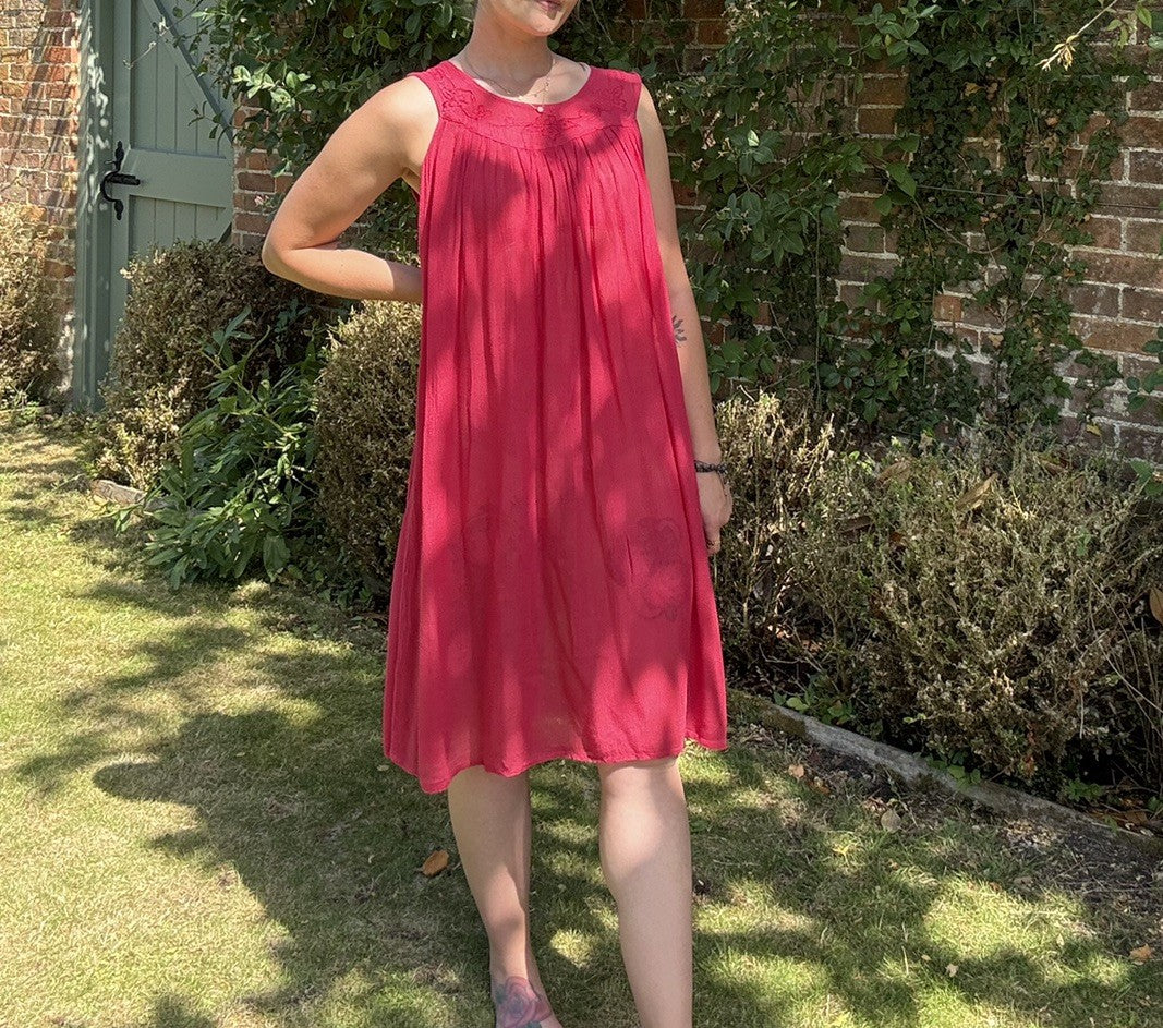 Vintage 90s One Size 6-14 Pink Embroidered Boho Summer Beach Dress by Cleopatra