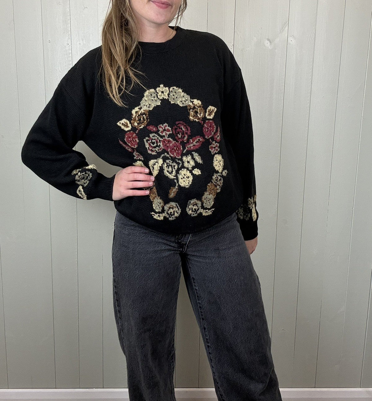 Vintage Free Size 10-16 Black Handknit Earthy Leaf Patterned Knit Jumper