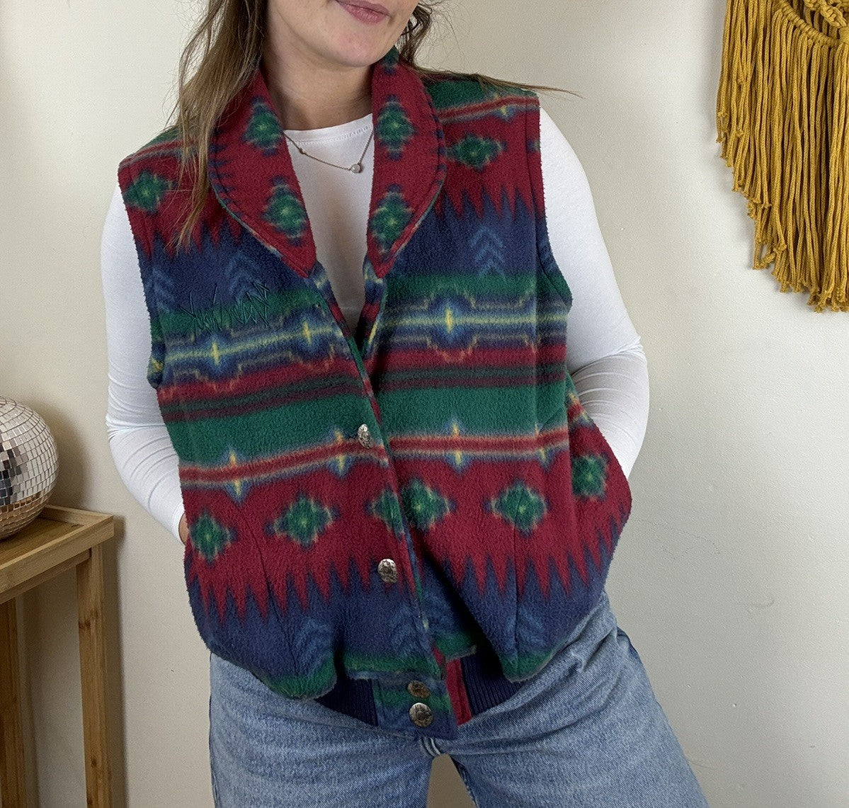 Vintage Size L 10-14 Boho Patterned Fleece Gilet Waistcoat EMI