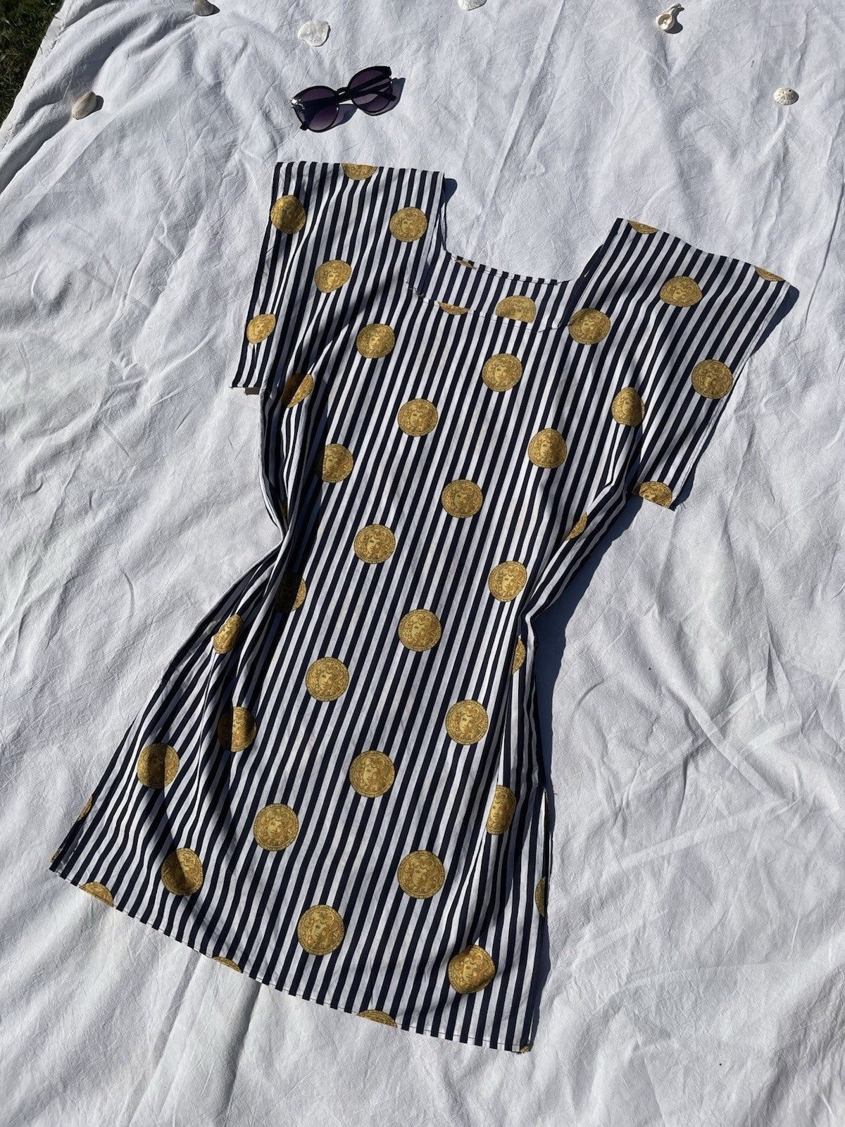 Vintage Size L 10-14 Navy Nautical Striped Medallion Summer Dress