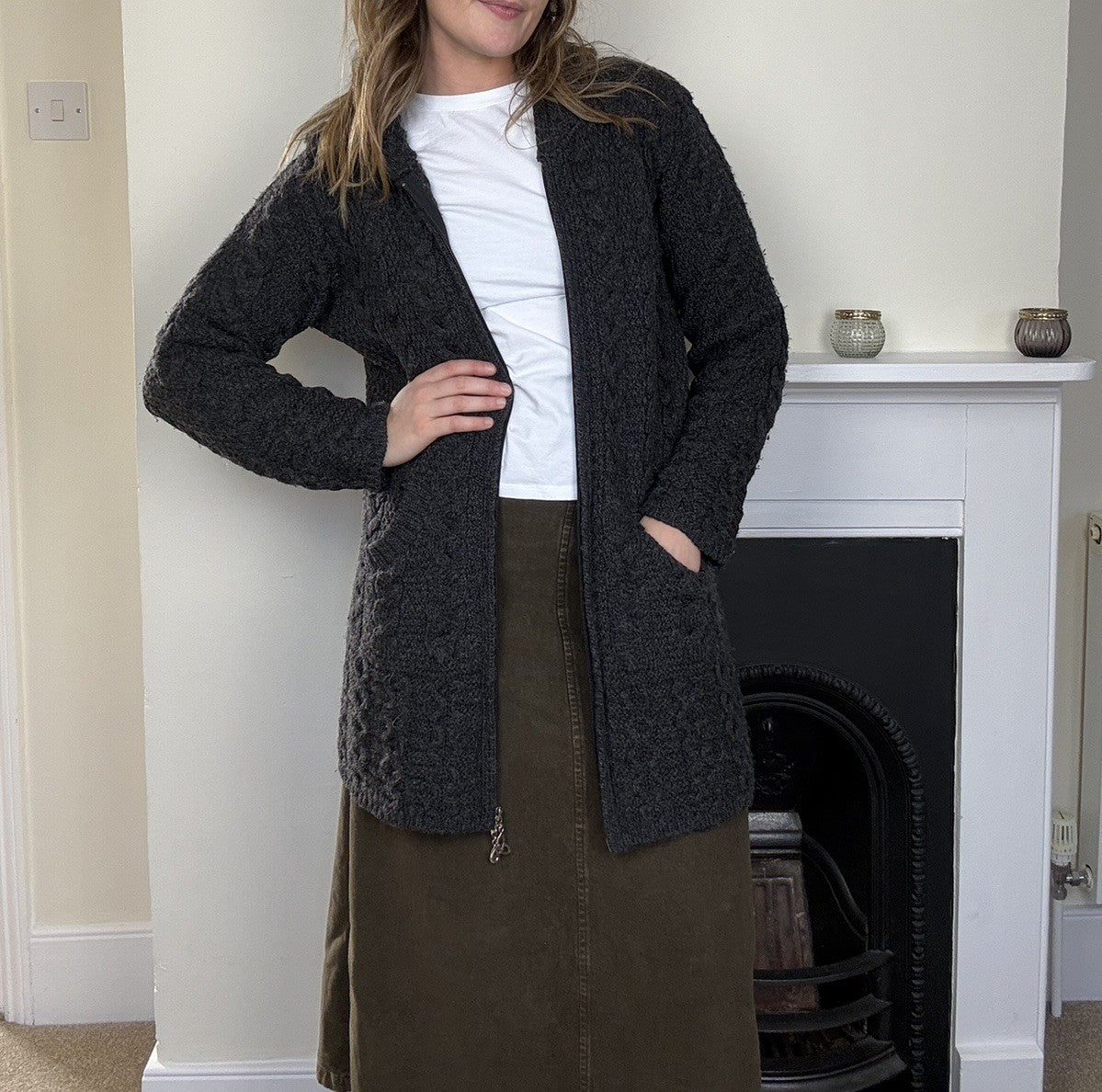 Size S 6-12 Dark Grey Merino Wool Chunky Knit Aran Hooded Cardigan Aran Crafts