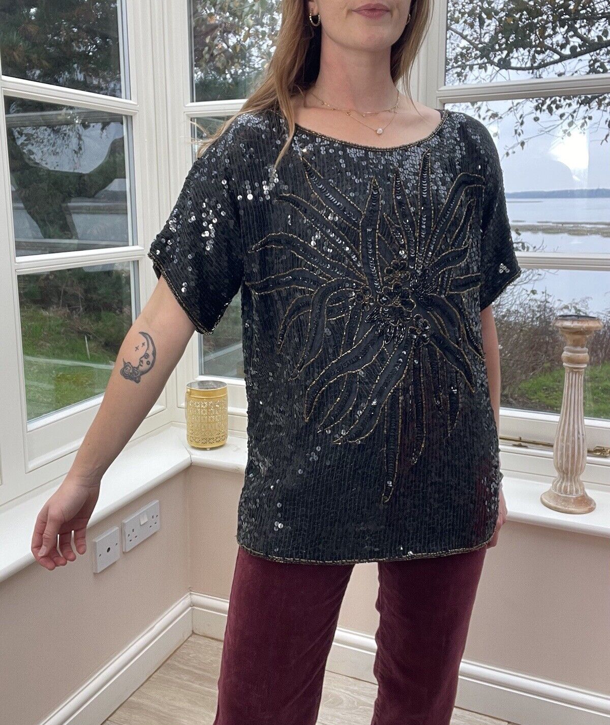 Vintage Size L 10-16 Black 100% Silk Beaded Sequined Sparkle Top Satin New York